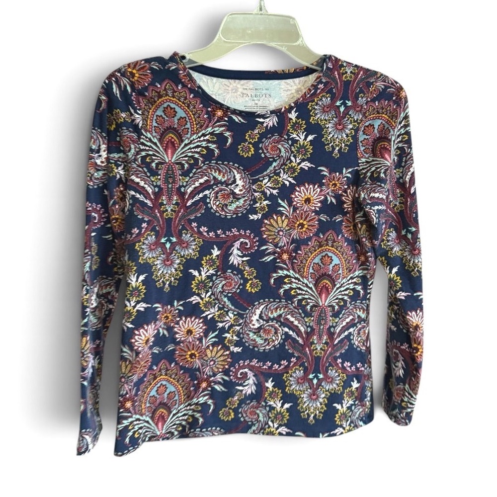 Talbots Paisley Floral Tee Womens Petite SP Navy Blue Long Sleeve Cotton Stretch